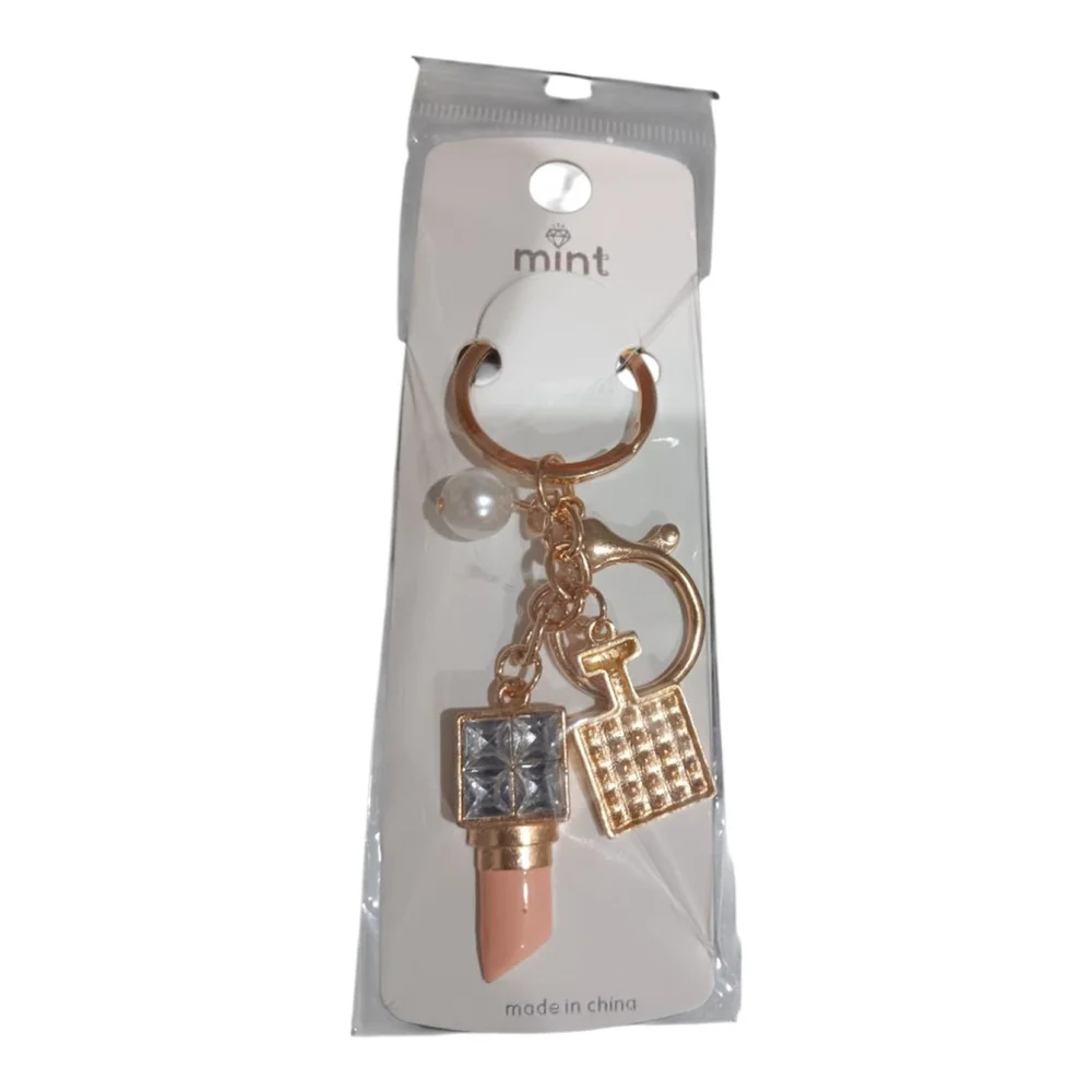 Lipstick, Perfume Bottle, Pearl Rhinestone Purse Charm Keychain in Blush Bling